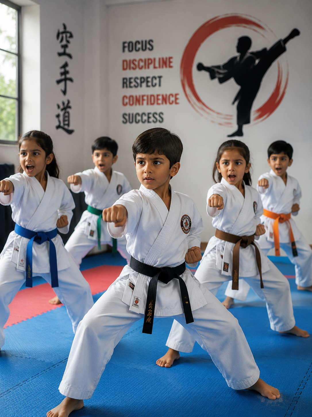 Children learning karate with a coach